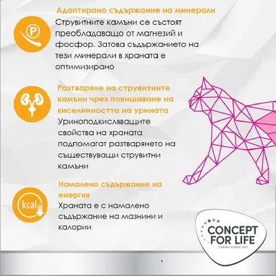CONCEPT FOR LIFE. Оптимизирано съдържание на минерали, подпомага разтварянето на струвитни камъни чрез повишена киселинност на урината, намалено съдържание на мазнини и калории.