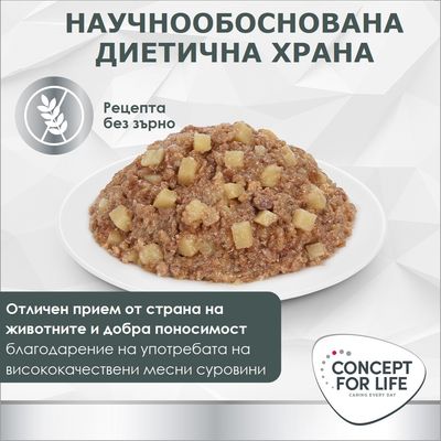 CONCEPT FOR LIFE мокра храна на чиния, рецепта без зърно. Научно обоснована диетична храна, висока приемливост и добра поносимост според текста на изображението.