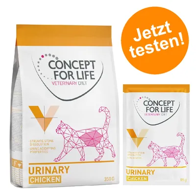 Concept for Life Veterinary Diet Urinary Chicken, Katzenfutter für Harnwegsprobleme. Jetzt testen! Verpackungsgrößen: 350g und 85g.