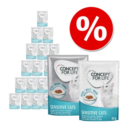 Concept for Life Sensitive Cats влажный корм для кошек, упаковки по 85 г с изображением белой кошки и красный знак процента, указывающий на скидку или акцию.