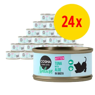 24x Cosma Pure Love Nature Kitten Tuna with Aloe in Broth dåser, synlig tekst og illustration af killing på emballagen