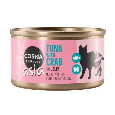 Cosma Pure Love Asia, lattina con etichetta rosa. Testo visibile: Tuna with crab in jelly, multi protein pure fish & seafood. Silhouette di gatto e icone pesce e granchio.