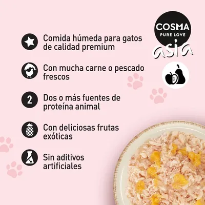 COSMA Pure Love Asia. Comida húmeda para gatos: calidad premium, mucha carne o pescado frescos, dos o más fuentes de proteína animal, frutas exóticas, sin aditivos artificiales.