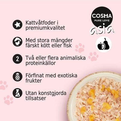 COSMA PURE LOVE asia. Kattvåtfoder i premiumkvalitet, stora mängder färskt kött eller fisk, två eller flera animaliska proteinkällor, förfinat med exotiska frukter, utan konstgjorda tillsatser.