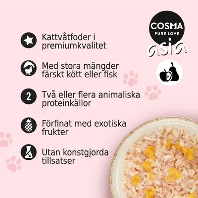 COSMA PURE LOVE asia. Kattvåtfoder i premiumkvalitet, stora mängder färskt kött eller fisk, två eller flera animaliska proteinkällor, förfinat med exotiska frukter, utan konstgjorda tillsatser.