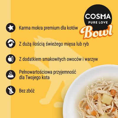 COSMA PURE LOVE Bowl. Karma mokra premium dla kotów, z dużą ilością świeżego mięsa lub ryb, z dodatkiem owoców i warzyw, pełnowartościowa, bez zbóż.