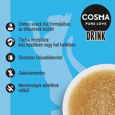 COSMA PURE LOVE DRINK. Ízletes snack ital formájában, tiszta receptúra: hús húslevesben vagy hal hallében, élvezetes folyadékbevitel, gabonamentes, mesterséges adalékok nélkül.