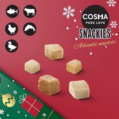 Cosma adventi naptár macskáknak 'Best Catmas Ever with Cosma' felirattal, zöld csomagolás piros és arany díszítéssel, hópelyhek és játszó fekete macskák.