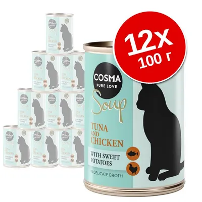 Набор из 12 банок по 100 г Cosma Pure Love Soup для кошек, тунец и курица с бататом. Видны банки с изображением силуэта кошки и надписями на английском языке.