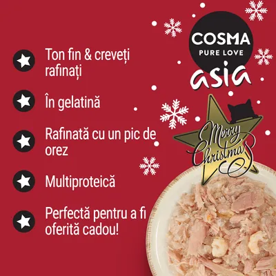 COSMA PURE LOVE asia. Ton fin & creveți rafinați, în gelatină, cu un pic de orez, multiproteică. Perfectă pentru a fi oferită cadou! Merry Christmas.