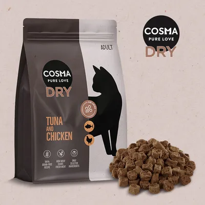 Cosma Pure Love Dry Adult, ilmakuivattu kuivaruoka tonnikalalla ja kanalla. 100 % viljaton, korkea tuorelihapitoisuus, vain valitut ainesosat.