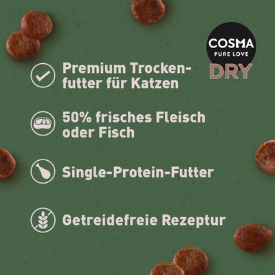 Cosma Pure Love Dry. Premium Trockenfutter für Katzen, 50% frisches Fleisch oder Fisch, Single-Protein-Futter, getreidefreie Rezeptur.