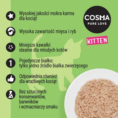 COSMA PURE LOVE KITTEN. Wysokiej jakości mokra karma dla kociąt, wysoka zawartość mięsa i ryb, mniejsze kawałki, pojedyncze białko, bez sztucznych konserwantów, barwników i wzmacniaczy smaku.