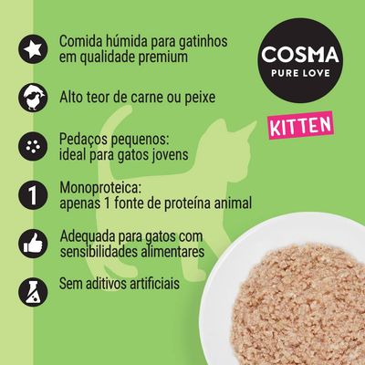 COSMA PURE LOVE KITTEN. Comida húmida para gatinhos, qualidade premium, alto teor de carne ou peixe, pedaços pequenos, monoproteica, adequada para sensibilidades, sem aditivos artificiais.