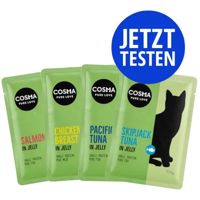 COSMA PURE LOVE Probierpackungen: Salmon in Jelly, Chicken Breast in Jelly, Pacific Tuna in Jelly, Skipjack Tuna in Jelly. Blauer Kreis mit Text: JETZT TESTEN.