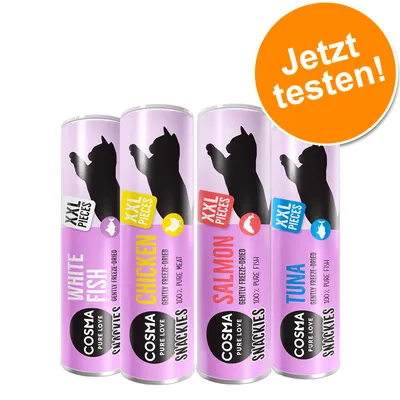 Cosma Pure Love Snacks XXL Pieces in vier Sorten: White Fish, Chicken, Salmon und Tuna. Hinweis 'Jetzt testen!' auf orangefarbenem Kreis.