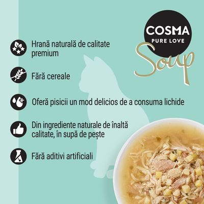 COSMA PURE LOVE Soup. Hrană naturală de calitate premium, fără cereale, oferă pisicii un mod delicios de a consuma lichide, din ingrediente naturale în supă de pește, fără aditivi artificiali.