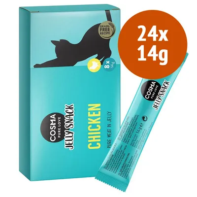 Cosma Pure Love Jelly Snack Chicken, confezione da 24x14g, ricetta senza cereali. Testo visibile: 'Pure meat in jelly', 'Grain free recipe', '8x14g'.