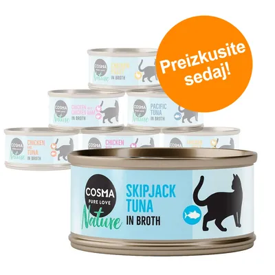 Več pločevink Cosma Nature za mačke: Skipjack Tuna, Chicken Fillet, Pacific Tuna, Chicken with Chicken Ham, Chicken and Tuna. Oranžen krog z besedilom: Preizkusite sedaj!