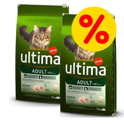 2 sacchi di crocchette per gatti Ultima Adult 1–10 anni, pollo, 7,5 kg ciascuno, marchio Affinity, offerta speciale indicata da simbolo percentuale su sfondo giallo.