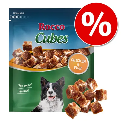Rocco Cubes Hundesnacks mit Huhn und Fisch, wiederverschliessbare Verpackung. Text: The smart reward! Prozentzeichen für Rabattaktion sichtbar.