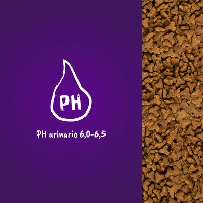 Pienso seco en forma de croquetas junto a gráfico con texto: PH urinario 6,0–6,5. Indica el rango de PH asociado al producto.