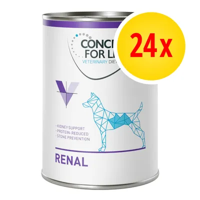 Confezione da 24 Concept for Life Veterinary Diet Renal per cani. Testo visibile: kidney support, protein-reduced, stone prevention, RENAL.