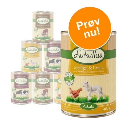 Lukullus dåsefoder til hund, varianter: Geflügel & Lamm, Kaninchen & Wild, Rind & Truthahn. Synlig tekst: Prøv nu!, Adult, 400 g. Billeder af dyr på etiketterne.