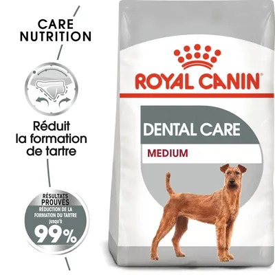 Royal Canin Dental Care Medium pour chien, texte visible : Réduit la formation de tartre, résultats prouvés réduction du tartre jusqu’à 99 %. Chien illustré sur l’emballage.