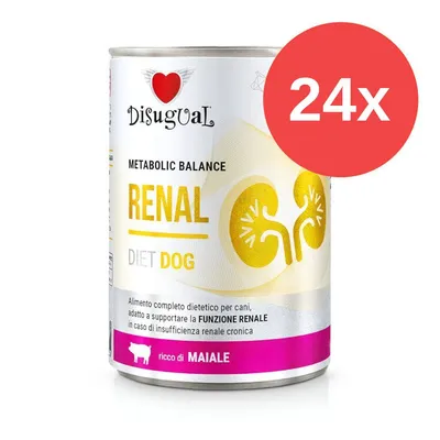 Konzerva Disugual Metabolic Balance Renal Diet Dog, 24x. Text: ricco di MAIALE, podpora funkce ledvin, pro psy s chronickou renální insuficiencí. Obrázek ledvin na obalu.