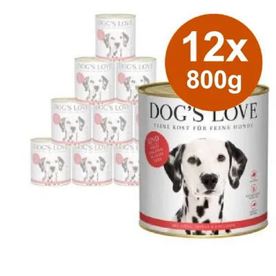 Confezione da 12 lattine DOG'S LOVE da 800 g ciascuna, etichetta con immagine di cane e testo visibile sul fronte della confezione.