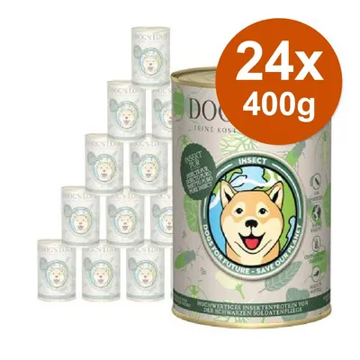 Confezione da 24 lattine da 400 g di DOG'S LOVE Insect, alimento per cani. Testo visibile: 'INSECT PROTEIN', 'DOGS FOR FUTURE - SAVE PLANET'. Confezione da 24 lattine da 400 g di DOG'S LOVE Insect, alimento per cani. Testo visibile: 'INSECT PROTEIN', 'DOGS FOR FUTURE - SAVE PLANET'.