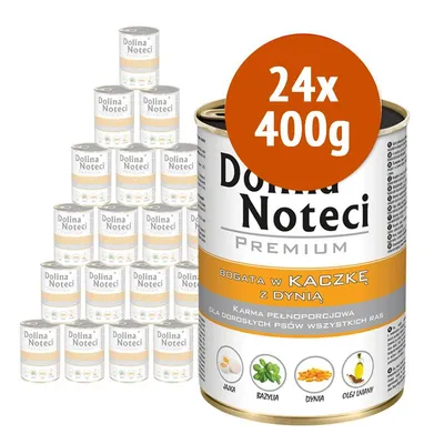 24 lattine da 400 g Dolina Noteci Premium, visibile testo: 'bogata w kaczkę z dynią', ingredienti illustrati: uova, basilico, zucca, olio di lino. Cibo per cani adulti.