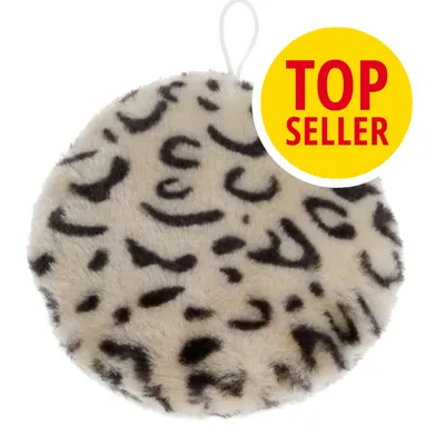 Rundes Plüschspielzeug mit Leopardenmuster und Aufhänger, gelber Kreis mit rotem Text: TOP SELLER