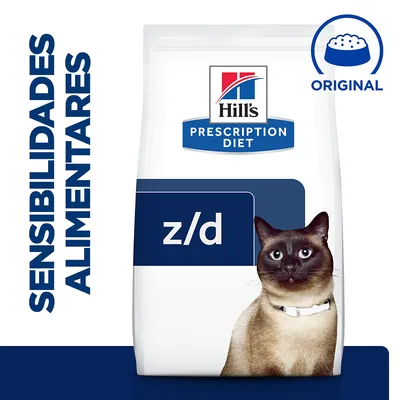 Hill's Prescription Diet z/d para gatos, embalagem com texto 'Sensibilidades alimentares' e símbolo 'Original'. Gato siamês visível na frente da embalagem.
