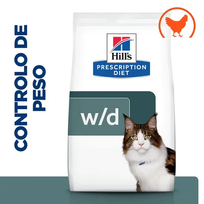 Hill's Prescription Diet w/d para gatos, controlo de peso. Saco com imagem de gato e símbolo de frango no canto superior direito.
