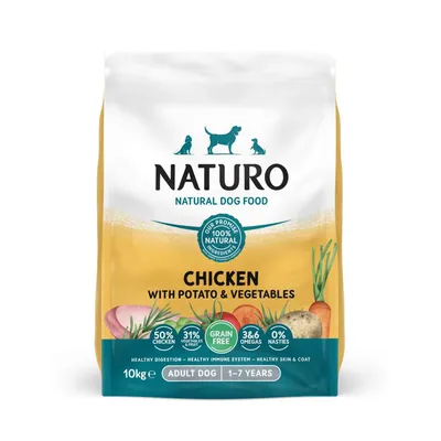 Chicken with potato and vegetables, grain free, 50% chicken, 31% vegetables and pulp, 3 and 6 omegas, 0% nasties, for adult dogs aged 1 to 7 years, 10kg bag.