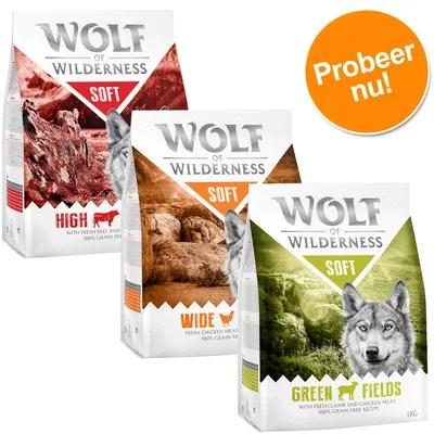 Wolf of Wilderness Soft hondenvoer, varianten HIGH met rund, WIDE met kip en GREEN FIELDS met lam en kip. Probeer nu! Tekst op verpakking: 100% graanvrij.