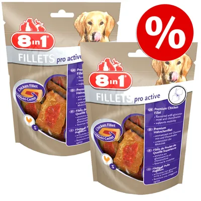 2 zakken 8in1 FILLETS pro active Chicken Fillet met afbeelding van hond en rode kortingssymbool met procentteken zichtbaar op de verpakking. 2 zakken 8in1 FILLETS pro active Chicken Fillet met afbeelding van hond en rode kortingssymbool met procentteken zichtbaar op de verpakking.