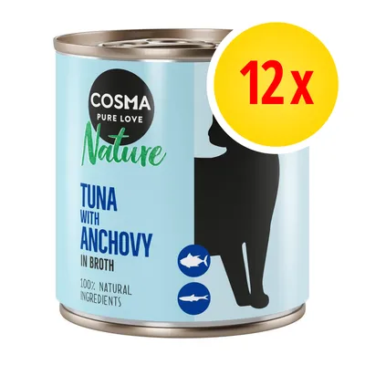 Cosma Nature Tuna with Anchovy in Broth, 100% natural ingredients, confezione da 12. Testo in inglese sull'etichetta.