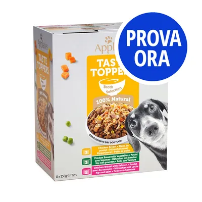 Applaws Taste Toppers Broth Selection 100% Natural, 8 x 156g. Petto di pollo, petto di pollo con verdure, petto di pollo con salmone. Etichetta blu: PROVA ORA.