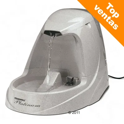Fuente de agua Drinkwell Platinum gris con chorro, etiqueta naranja en la esquina superior derecha con el texto 'Top ventas'.