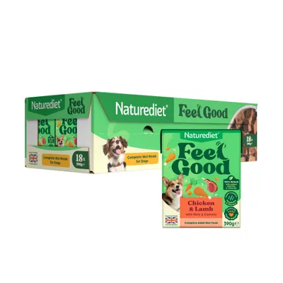 Naturediet Feel Good Chicken & Lamb with Rice and Carrots, 18 x 390g, Complete Wet Meals for Dogs, British flag, 100% natural ingredients with no artificial additives. Naturediet Feel Good Chicken & Lamb with Rice and Carrots, 18 x 390g, Complete Wet Meals for Dogs, British flag, 100% natural ingredients with no artificial additives.
