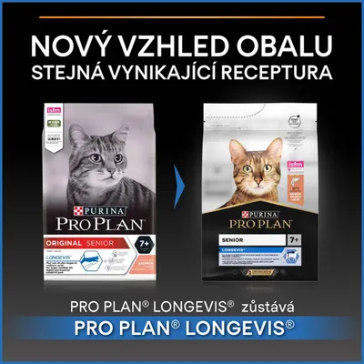 Porovnanie starého a nového obalu krmiva Purina Pro Plan Senior 7+ pre mačky, text: Nový vzhľad obalu, rovnaká receptúra. PRO PLAN LONGEVIS zostáva.