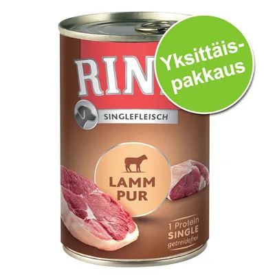 Rinti Singlefleisch Lamm Pur -koiranruokasäilyke, etiketti: 1 Protein Single getreidefrei. Vihreä merkintä: Yksittäispakkaus.