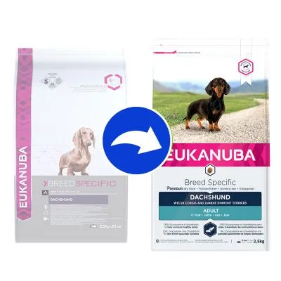 Eukanuba Breed Specific Dachshund hundfoder, bild på äldre och ny förpackning med pil mellan. Båda visar tax och texten '2,5 kg'. Eukanuba Breed Specific Dachshund hundfoder, bild på äldre och ny förpackning med pil mellan. Båda visar tax och texten '2,5 kg'.