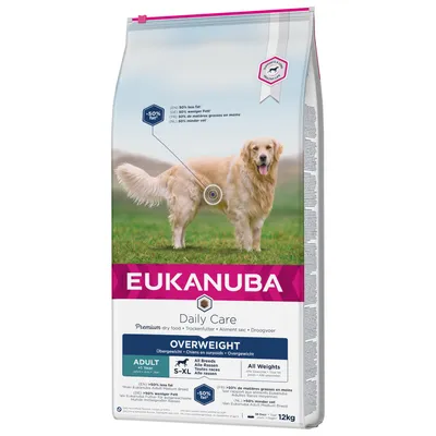 Eukanuba Daily Care dry food for overweight adult pets, 50% less fat, suitable for all breeds and weights, 12kg bag. Premium formula highlighted on packaging. Eukanuba Daily Care dry food for overweight adult pets, 50% less fat, suitable for all breeds and weights, 12kg bag. Premium formula highlighted on packaging.