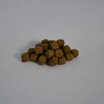 Pile of brown, cube-shaped dry pet food pieces displayed on a plain background.
