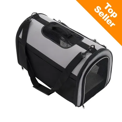 Trasportino per animali in tessuto nero e grigio con manici, tracolla e inserti in rete. Angolo arancione con testo: Top Seller.