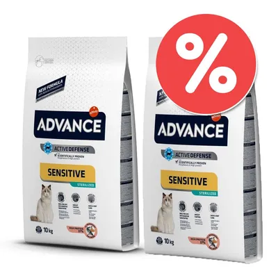 Due sacchi da 10 kg di crocchette per gatti Advance Sensitive Sterilized, marchio Affinity, con simbolo percentuale rosso che indica offerta o sconto visibile sull'immagine. Due sacchi da 10 kg di crocchette per gatti Advance Sensitive Sterilized, marchio Affinity, con simbolo percentuale rosso che indica offerta o sconto visibile sull'immagine.